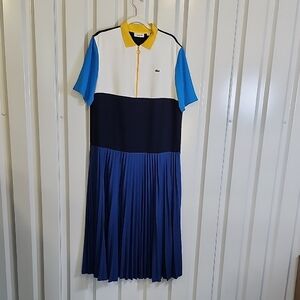 Lacoste Women's Blue, White, Black Yellow Color Block Pleated Maxi Dress Sz FR42